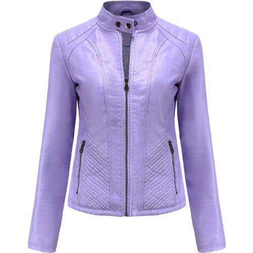 Womens Leather Jacket Plus Size Stand Collar Zipper Black Faux Leather Jacket Slim Style Autumn Female Outwear