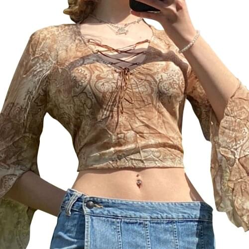 Women Y2k Long Sleeve Crop Top shirt Vintage Harajuku Streetwear Fashion Mesh Yarn Printing Tie-up Exposed Navel Blouse Tops