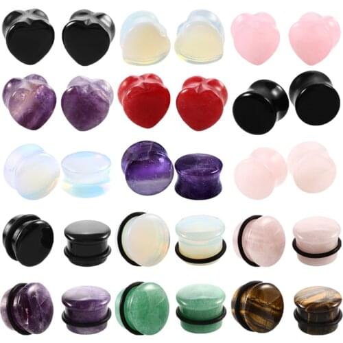 6mm-16mm 1Pair Ear Plugs Tunnels Stone Heart/Round/Single Flared Gauges Piercing Ear Stretcher Expander Body Piercing Jewelry
