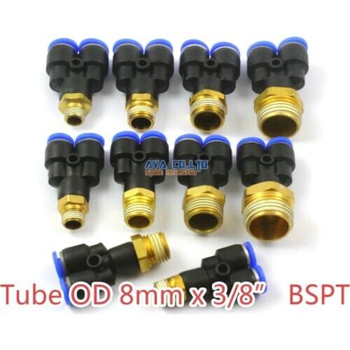 10 Pieces Tube OD 8mm x 3/8" BSPT Male Y Pneumatic Connector Push In To Connect Fitting One Touch Quick Release Air Fitting
