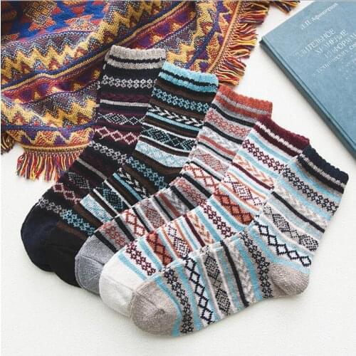 5 Pack Unisex Mens Cotton Vintage Winter Soft Warm Cold Knit Wool Stripe Printing Socks