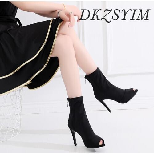 DKZSYIM Women Latin Dance Shoes Black Autumn Salsa Dance Boots Satin Rhinestone Ballroom Dance Stiletto High Hells Wholesale