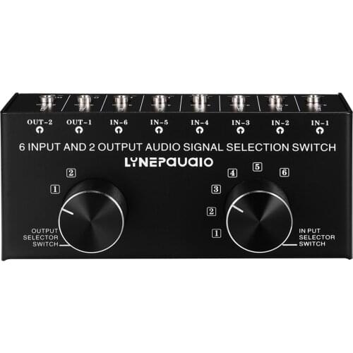6-In-2-Out Audio Switcher Two-Way Audio Signal Selector Box Splitter Distributor with 3.5mm Audio Input & Output Jacks