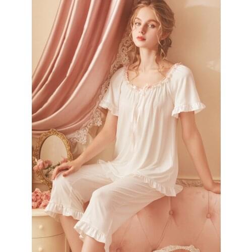 Free Shipping 2021 New Womens Short Pants Pajamas Lace White Sleepwear Modal Soft Girl Nightgown Sweet Nightshirt
