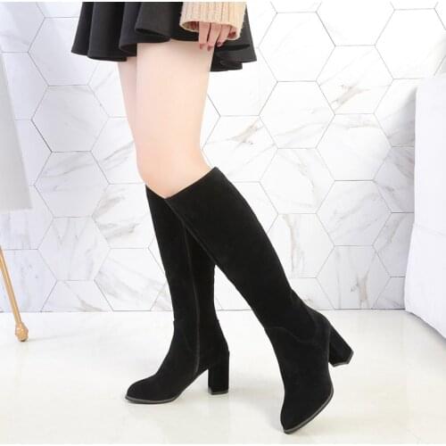 Faux Flock Over The Knee Boots Woman Fashion Pointed Toe High Heeled Thigh High Boots Female Winter Warm Long Boots Beige Black