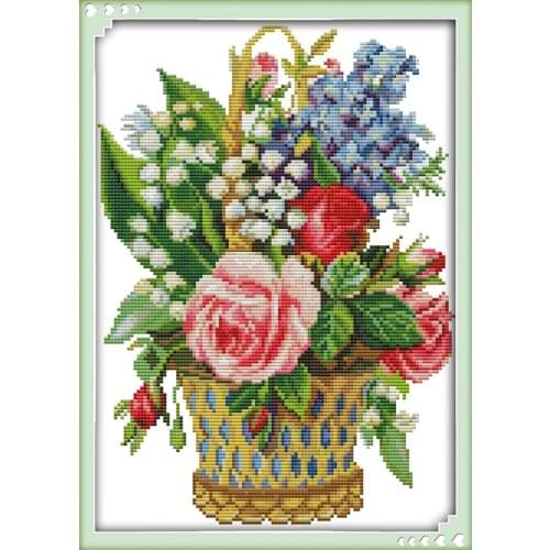 Flower basket (7) cross stitch kit red rose plant aida 18ct 14ct 11ct cloth count print canvas stitches embroidery handmade