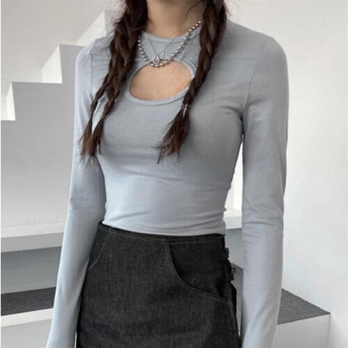 Sexy Chest Hollow Long Sleeve T Shirt Korean Edition Womens 2021 New Elastic Thread Bottom Top Instagram Trend