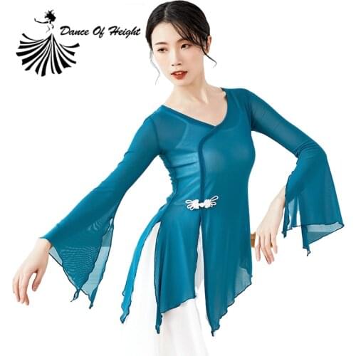 Gauze Classical Dance Shirt Womens Chinese Folk Dance Wear Ballet Practice Clothes Modern Dancer Costumes V Neck Long Sleeve