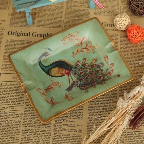 American Retro style Ceramic Ashtray, Hand-painted with Peacock Design, Living Room Decoration