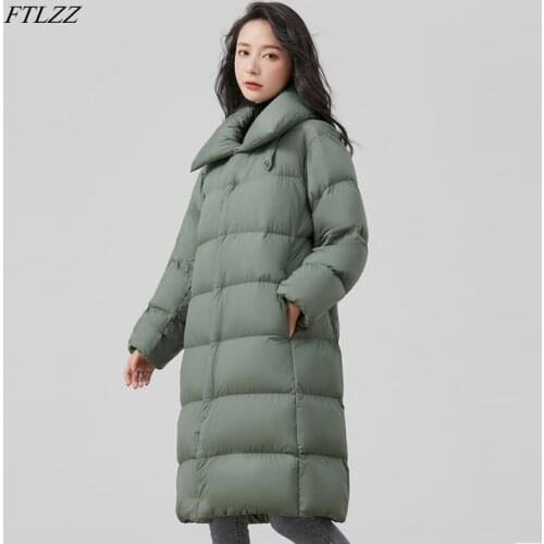 FTLZZ New Winter 90% White Duck Down Jacket Elegant Women Stand Collar Long Bread Down Coat Casual Loose Thick Warm Snow Outwear
