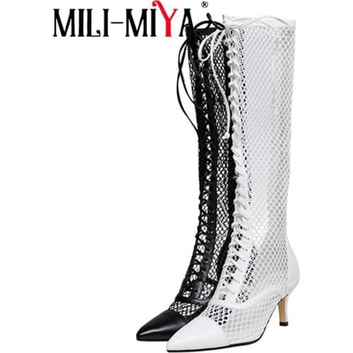 MILI-MIYA Fashion Lace Up Hollow Out Sandals Knee High Boots Sexy Gladiator Women Summer Pointed Toe Cow Leather Party Shoes
