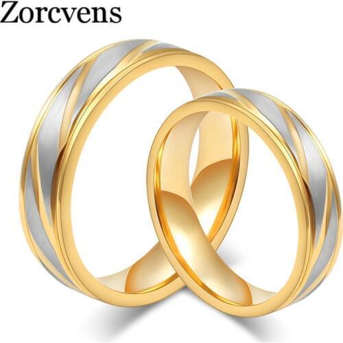 ZORCVENS Fashion Lovers Wedding Rings Gold-Color Rings Stainless Steel Couple Wedding Engagement Rings for Women Men