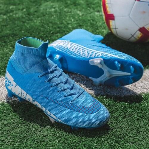 Fashion Blue Mens Football Boots Long Spike Soccer Sport Shoes For Men High Top Knitted Sock Men Soccer Boots zapatos de futbol