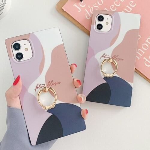 Nordic Style illustration Soft IMD Case for iPhone 12 Mini 11 Pro XS Max XR X 7 8 Plus Finger Ring Holder Stand Square Cover