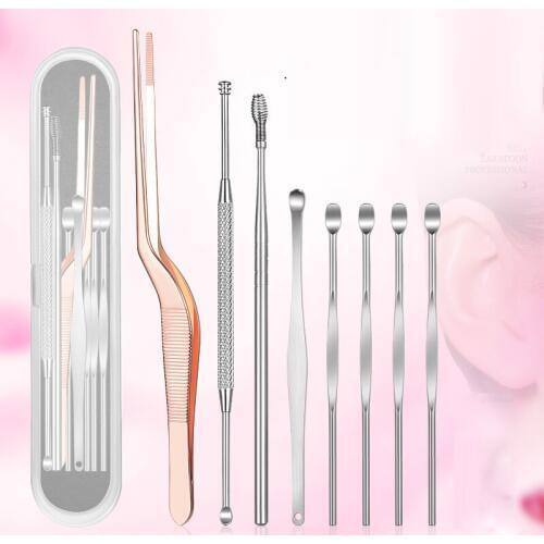 High Quality Safe Stainless Steel EarWax Clean Tool Set Spring Spiral Head Tweezer 8 Pieces Include