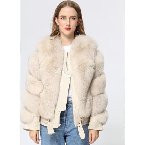 Winter Women Short Casual Trendy Zipper Real Fox Fur Jacket With Genuine Leather Plus Size Coat MJF-FC-23