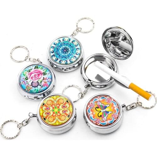 Mini Cigarette Ashtray with Key Chain Smoking Accessories Exotic Colorful Pattern Stainless Steel Portable Cigarette Supplies