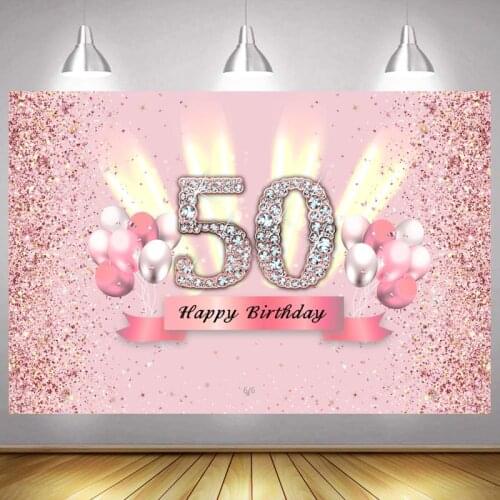 Pink 50th Photo Backdrop Lady Happy Birthday Party Decoration Gold Light Balloon Diamond Photography Backgrounds Banner