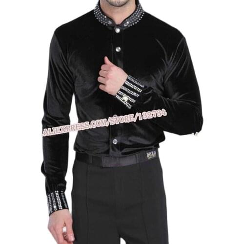 Tailor-Made Men Ballroom Dance Shirt Black Spandex Latin Top Velvet Diamond For Cha Cha/Rumba/Samba/Tango/Jazz/Waltz Wear