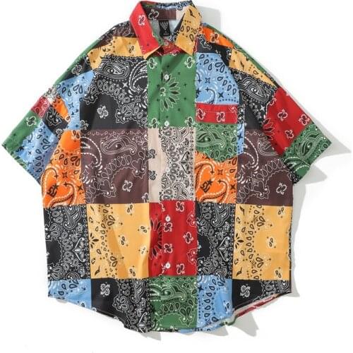 2021 Kpop Summer Cashew Plaid Print Hawaiian Vacation Shirt Men Hip Hop Short Sleeve Casual Oversized Shirts Male Camicia Uomo