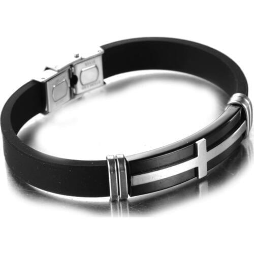 High Quality Stainless Steel Silver Color&Black Cross Silicone Chain Mens Womens Bracelet Wristband Wholesale Unisexs Jewelry