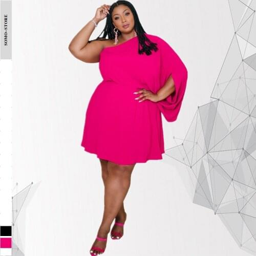 Plus Size Womens Clothing Sexy Oblique Collar Temperament Pure Color Loose Waist Single Sleeved Dress Wholesale Dropshipping