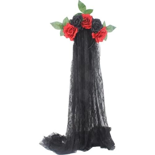Women Bridal Halloween Wedding Headband Crown Rose Floral Day Of The Dead Hair Hoop With Black Lace Veil Horror Headbands Props