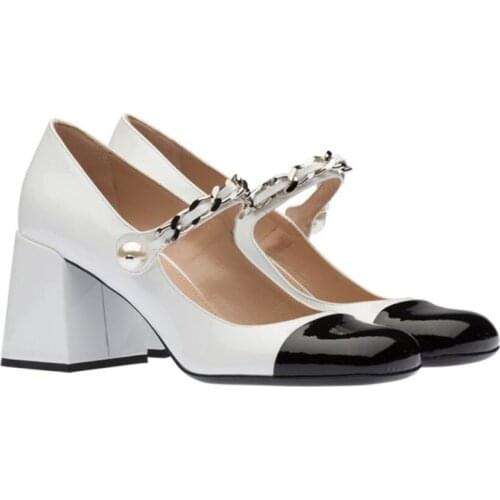 Womens Genuine Leather Pearls Sandals Chunky High Heel Shoes Metal Chain Pumps Match Colors Plus Size New 2021