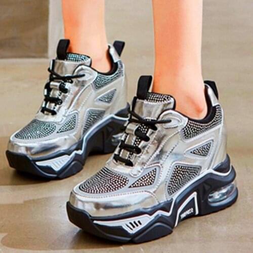 Womens Leather Ankle Boots Rhinestone Platform Wedge High Heel Fashion Sneakers Lace Up Casual Party SHoes