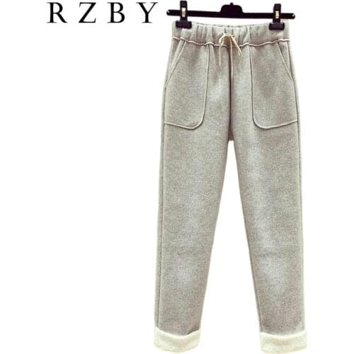 Pantalones De Mujer Winter Thick Warm Side Stripe Harem Pants Casual Artificial Lamb Wool Harajuku With Elastic Waist RZBY559