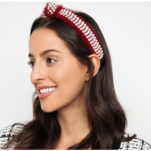 Lalynnly Simulated Pearls Headbands Women Top Knot Cross Wide Loop Fluffy Hairwear Hairband Hair Hoop Jewelry Accessories F14741