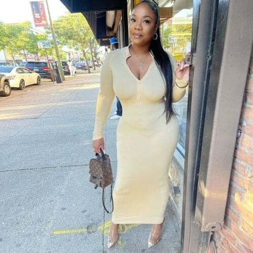 Yellow/grey/black Womens Long Maxi Dress Sexy Deep V Neck Long Sleeve Package Hip Robe Early Autumn Zipper Up Slim Fit Vestidos