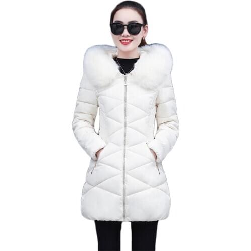 Winter coat women beige M-3XL plus size fur hooded down cotton jackets Korean fashion slim black long thick warmth parkas LD1394