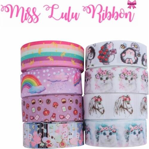 16mm-75mm Cartoon Animal Cat Hedgehog Rainbow Stripes Printed Grosgrain/Foe Ribbon DIY Hair Bowknots 50yards/roll