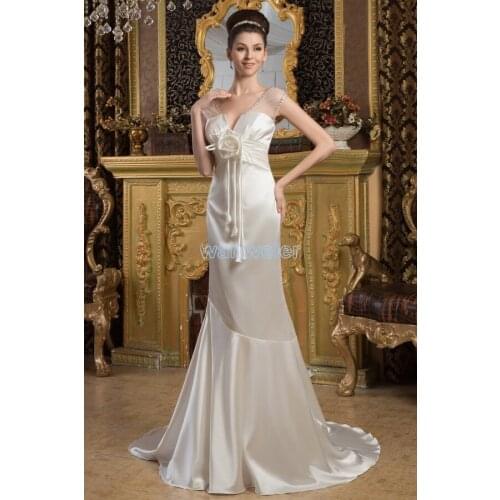 Free shipping 2016 design cap sleeve fashion handmde flwer mermaid small train custom size/color white/ivory Bridesmaid Dress