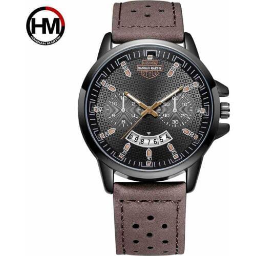 HANNAH MARTIN Army Military Mens Quartz Watches Mens Sports Watches Leather Wrist Watch Luxury Relogio Masculino Calendar Khaki