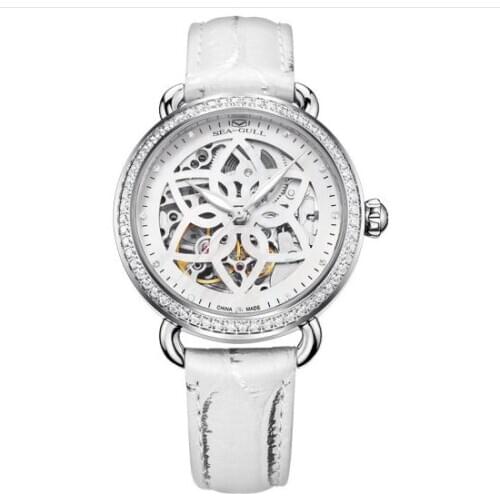 Genuine Seagull MOP Rhinestone Lotus Pattern Skeleton Dial Luminous Hands Self Wind Automatic Mechanical Womens Watch 1102L