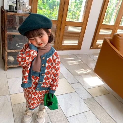 Children Clothing Autumn Girls Fashion Plaid 2 Pieces Suit Kids Knitted Sets Coat+Overall Skirt Girl Clothes 2-7T 2pcs Suits