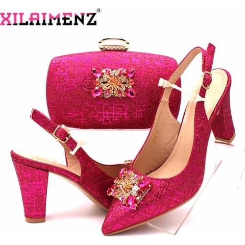 Fuchsia Color Italian Women Matching African Wedding Shoes and Bag Set Decorated with Rhinestone Ladies Pointed Toe Party Sandal