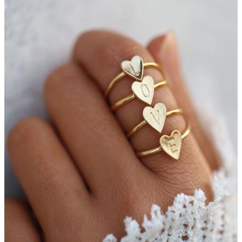 1 PCS Simple Gold Silver Color Heart A-Z Letter Ring For Women Lover Stamped Minimalist Initial Rings for Women Initial Jewelry