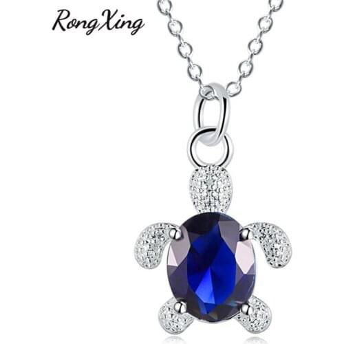 RongXing Silver Color Blue AAA Zircon Turtle Pendant Necklaces For Women Vintage Fashion Birthstone Necklace Animal Jewelry