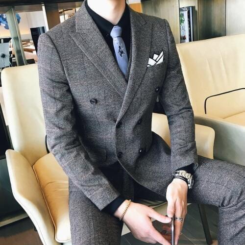 Jacket + Pants Men Boutique Fashion Lattice Business Casual Double-breasted Formal Suit / Groom Wedding Dress Plaid Suit 2 Piece