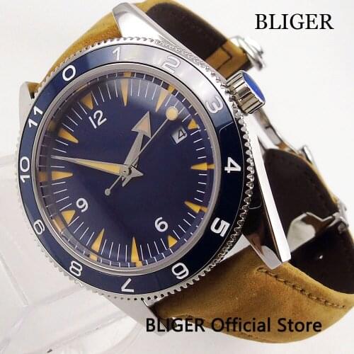 Blue Nologo Steel 41mm Mechanical Men Watch 24 Jewels NH35A Luminous Marks Push/Pull Crown Folding Clasp