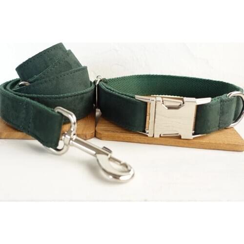 Pet Dog Collar Leash Set, Green Thick Velvet, Free Engraving Adjustable Necklace, Knitted Cotton Strap, Anti-lost Dog, ID Phone