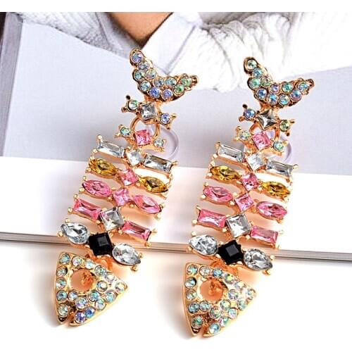 New Design High-Quality Metal Crystals Fish-Shaped Long Drop Earrings Colorful Rhinestones Jewelry Accessories For Women