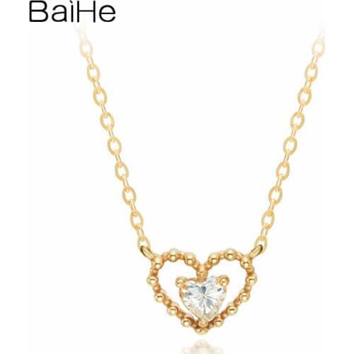 BAIHE Solid 18K Yellow Gold 0.11ct Round Natural Diamonds Necklace Cute/Romantic Wedding Gift Party Fine Jewelry Heart Necklaces