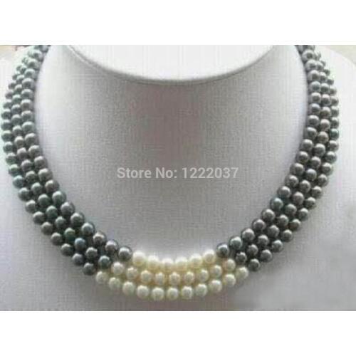 Natural freshwater cultured pearls 3Rows 7-8MM Black White Pearl Necklace 18"