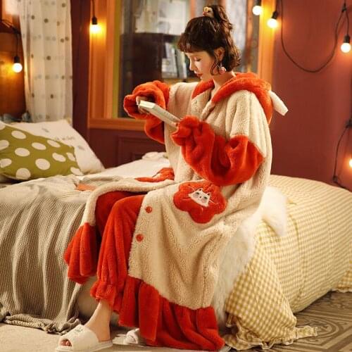 Pajamas Female Winter Robe Thickened Facecloth Nightgown Cute Long Section Coral Velvet Bathrobe Clothes Set Sleep Dress