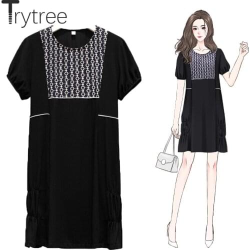 Trytree 2021 Summer Womens Dresses Casual Floral O-Neck Patchwork Puff Sleeve Cotton Blend Pockets Straight Sweet T-shirt Dress