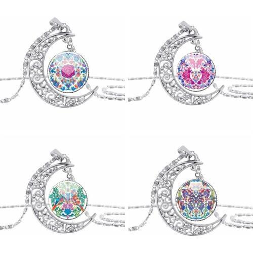 Gift Crescent Printed rose plant necklace half moon butterfly magpie animal lucky amulet hollow moon small fish necklace jewelry